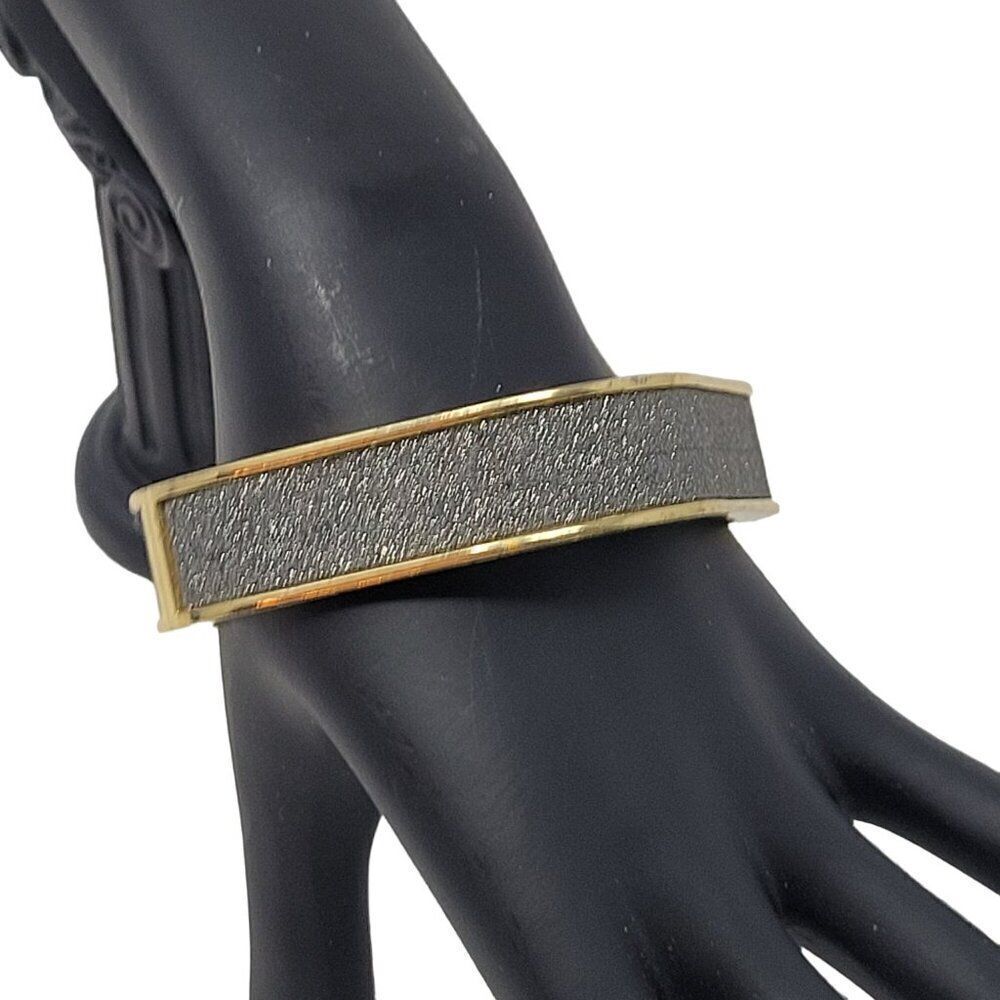 Gunmetal Silver‎ Sparkle Gold Trim Square Clamper Bangle Bracelet Glam Costume